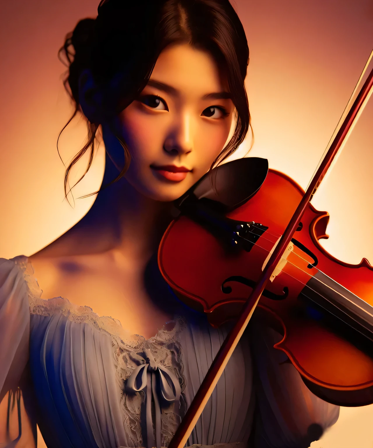 violinist, Japanese female 2, one person, chiaroscuro, surrealism, dark blue simple design dress, The background is a warm color gradation, That person is clear, detailed face, luxury musical instruments, smile