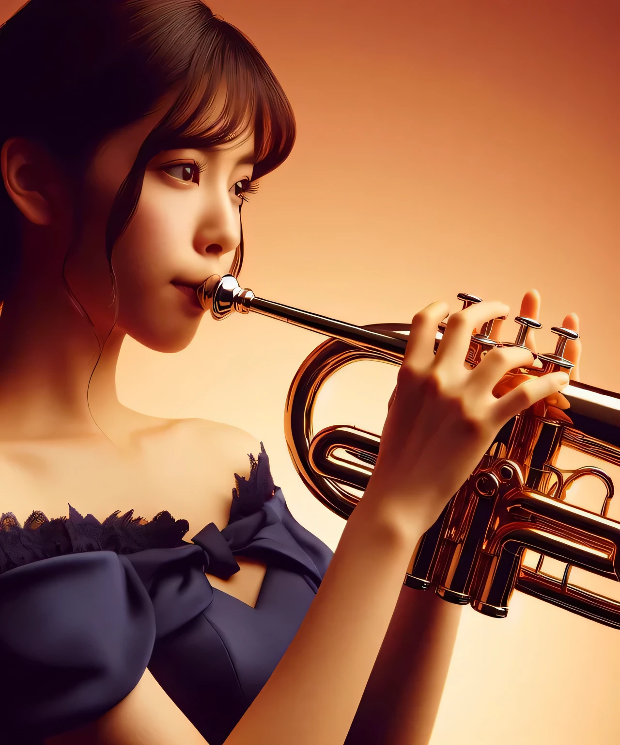 trompetista, Mulher japonesa de 22 anos, uma pessoa, claro-escuro, surrealismo, vestido azul escuro de design simples, O fundo é uma gradação de cores quentes, Essa pessoa é clara, rosto detalhado, instrumentos musicais de luxo, Sorriso