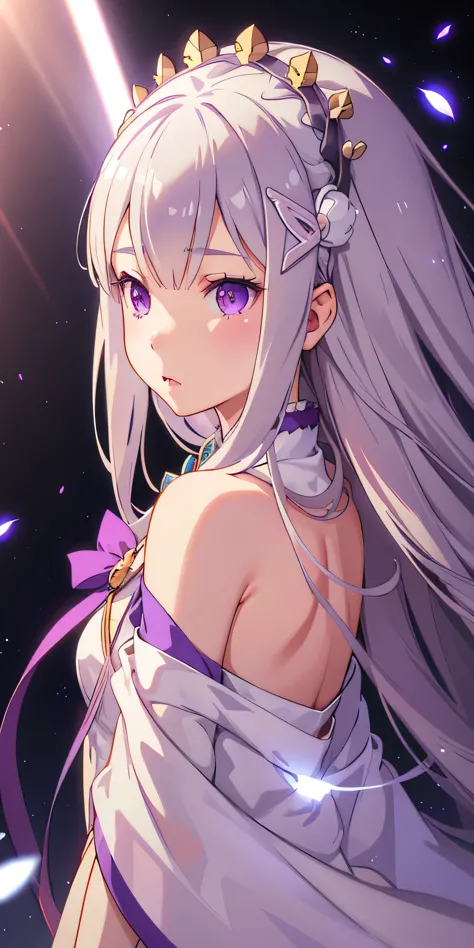 realistic, 1 girl, Emilia Lee:zero, crown blade, flower hair ornament, ×Hair ornament, gray hair, long hair, purple eyes,  parti...