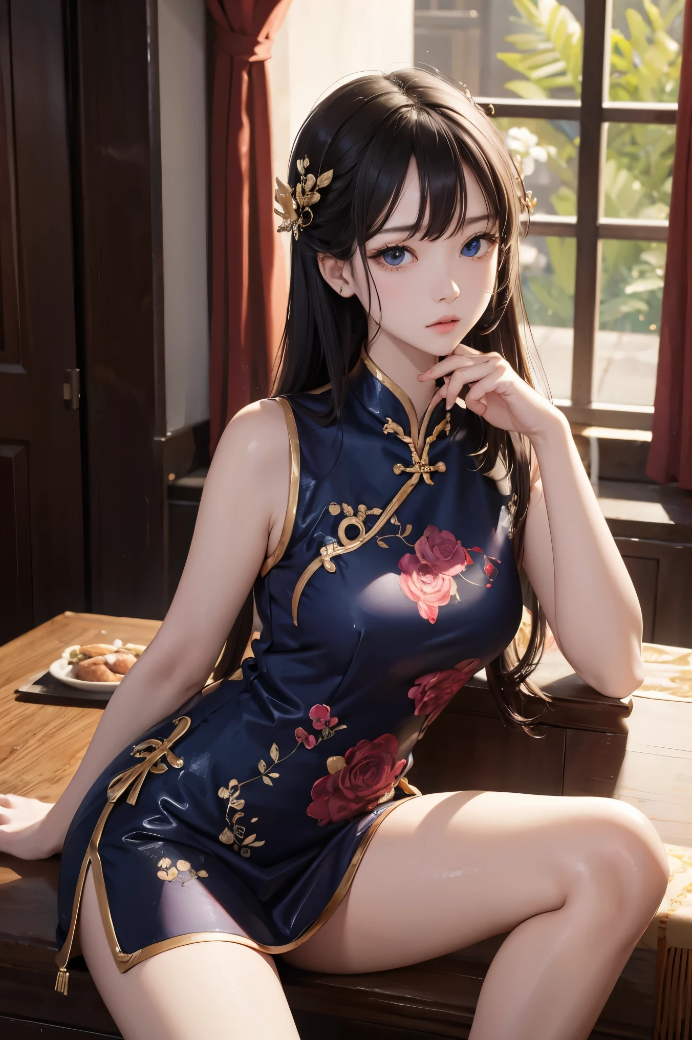 masterpiece, best quality, (focus alone), (perfect face:1.1), (high detail:1.1), (Super detailed eyes), fair skin、rainbow eyes, long hair, sexy cheongsam, Pouting, arrogant expression,