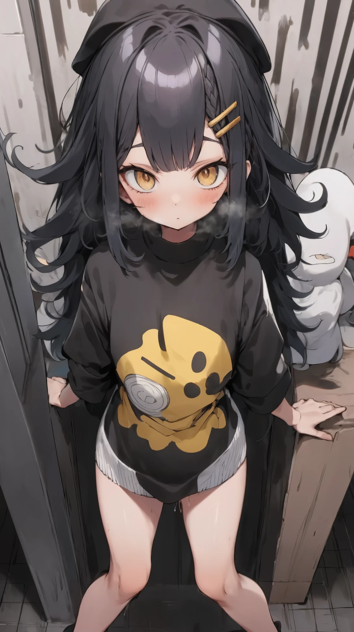 Anime girl with black hair and yellow eyes in a black shirt - SeaArt AI