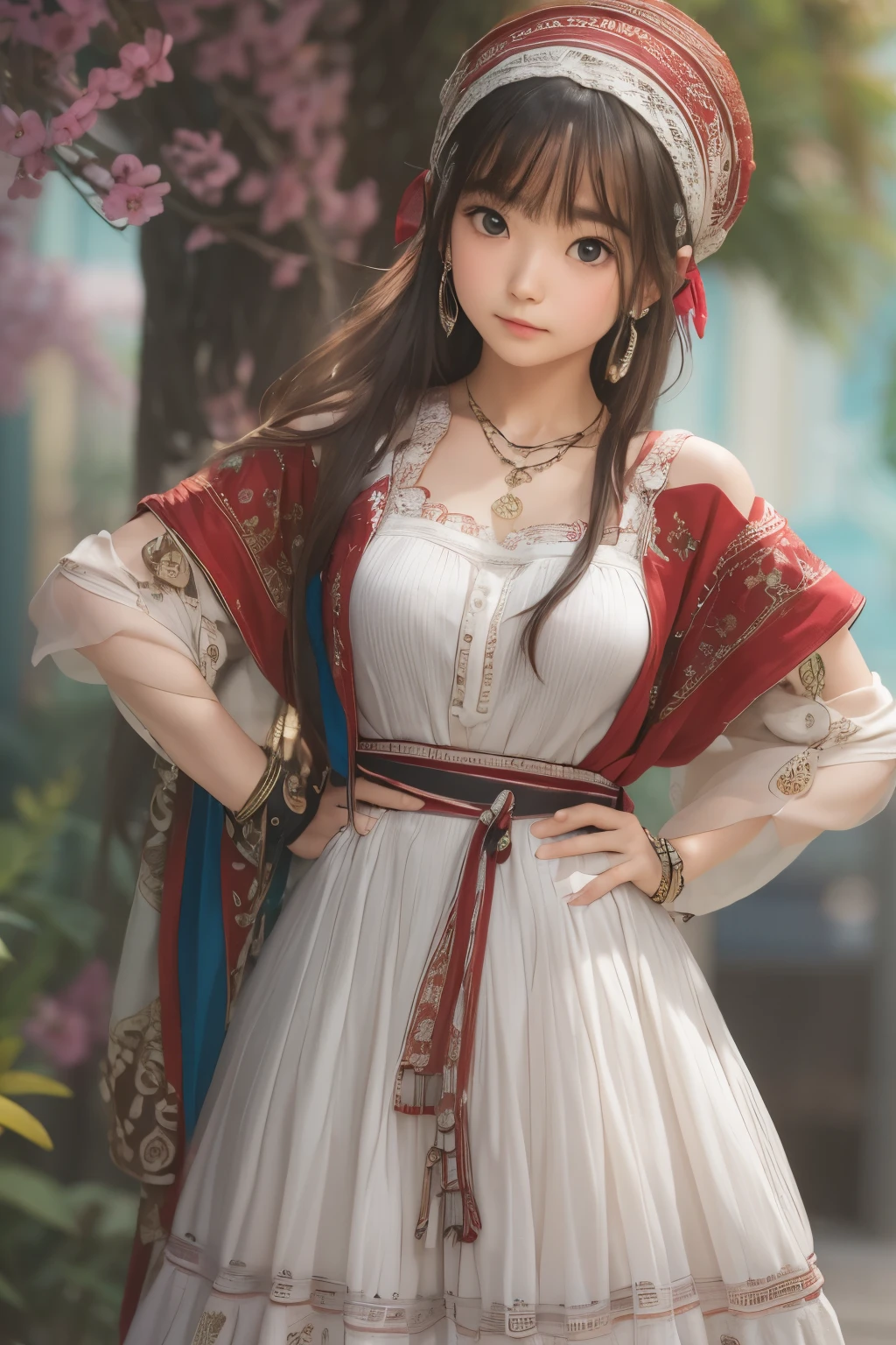 ((sfw: 1.4, detailed face)), (sfw,She is wearing a long white embroidered skirt, a red blouse with lace, a white apron tied around her waist, blue socks, and brown leather shoes.A blue scarf is on her head. Yes, her accessories include necklaces, earrings, and bracelets. 1 Girl)), Ultra High Resolution, (Realistic: 1.4), RAW Photo, Best Quality, (Photorealistic Stick), Focus, Soft Light, ((15 years old)),  ((Japanese)), (( (young face))), (surface), (depth of field), masterpiece, (realistic), woman, bangs, ((1 girl))