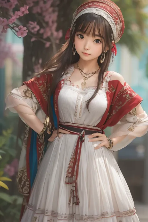 ((sfw: 1.4, detailed face)), (sfw,She is wearing a long white embroidered skirt, a red blouse with lace, a white apron tied arou...