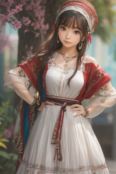 ((sfw: 1.4, detailed face)), (sfw,she is wearing a long white embroidered skirt, a red blouse with lace, a white apron tied arou...