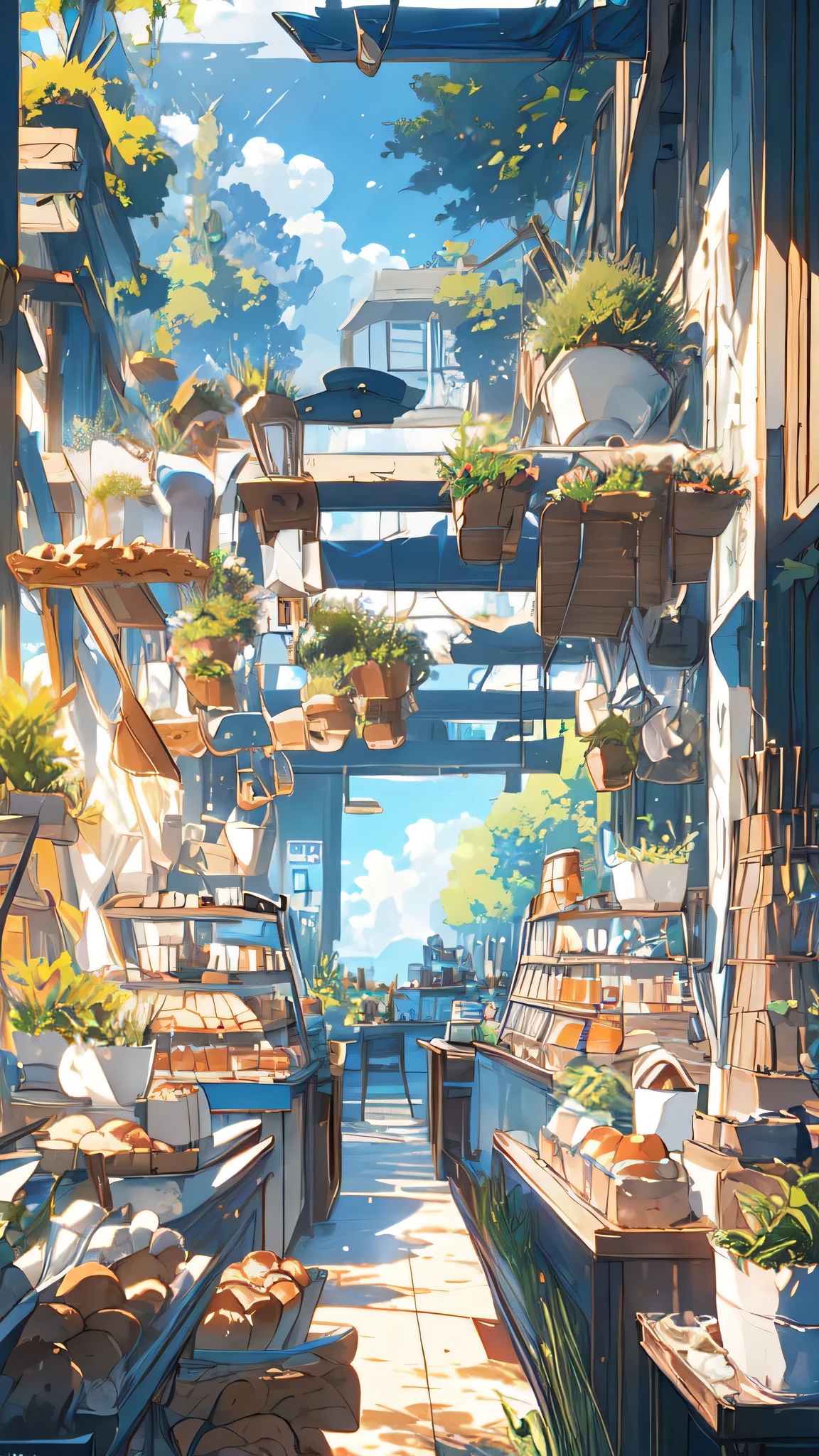 (masterpiece:1.2), best quality,pixiv,Warm animated scenes,
landscape, no humans, Sky空, plant, window, food, cloud, Sky, cup, shelf, tree, able, table, bottle, Sunlight, blue Sky空, indoors, potted plant, bread, plate, Chair, shop, electric fan, 
 