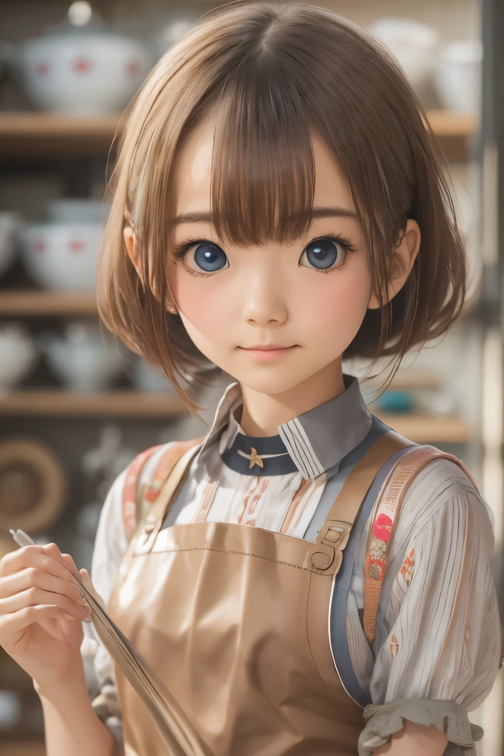 Ultra High Resolution, (Realistic: 1.4), RAW Photo, Best Quality, (Photorealistic), Focus, Soft Light, ((15 years old)), ((Japanese)), (Front, Young Face))), (Depth of Field), (One Piece), Masterpiece, (Photoreal), Woman, Bangs, (( apron, hair over one eyes, 1 Girl))