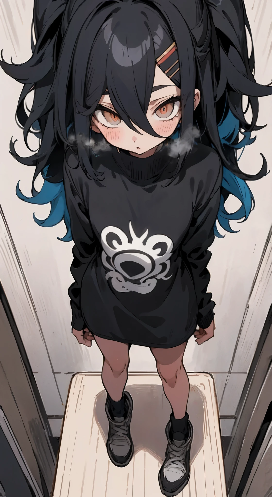 Chica anime con cabello negro y ojos azules parada en una plataforma. -  SeaArt AI