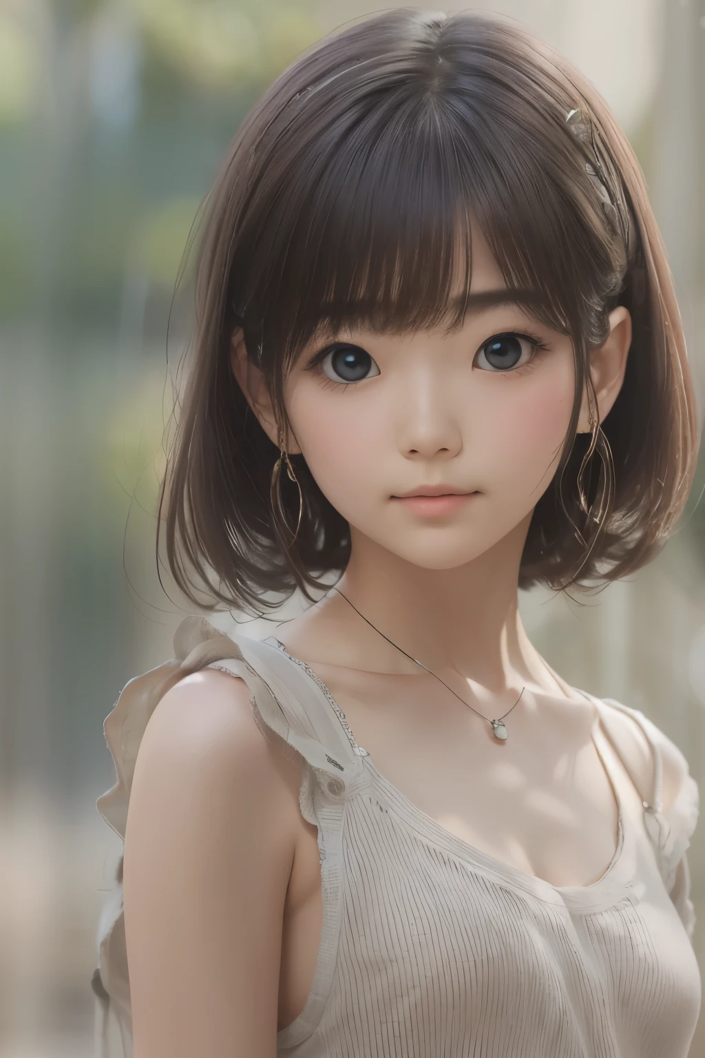 ((sfw: 1.4, detailed face)), (  black hair), Ultra High Resolution, (Realistic: 1.4), RAW Photo, Best Quality, (Photorealistic Stick), Focus, Soft Light, ((15 years old)), ((Japanese)), (( (young face))), (surface), (depth of field), masterpiece, (realistic), woman, bangs, ((1 girl))