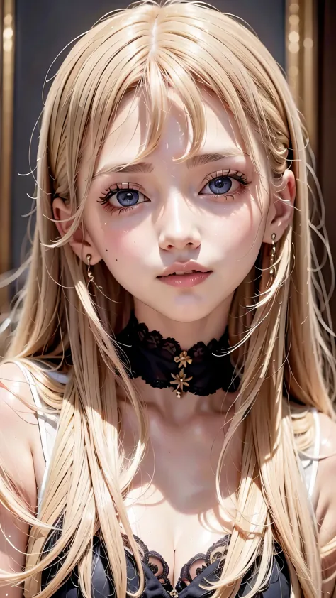 Beautiful white and shining skin、Blonde hair color that changes color depending on the light、long bangs between the eyes that ob...