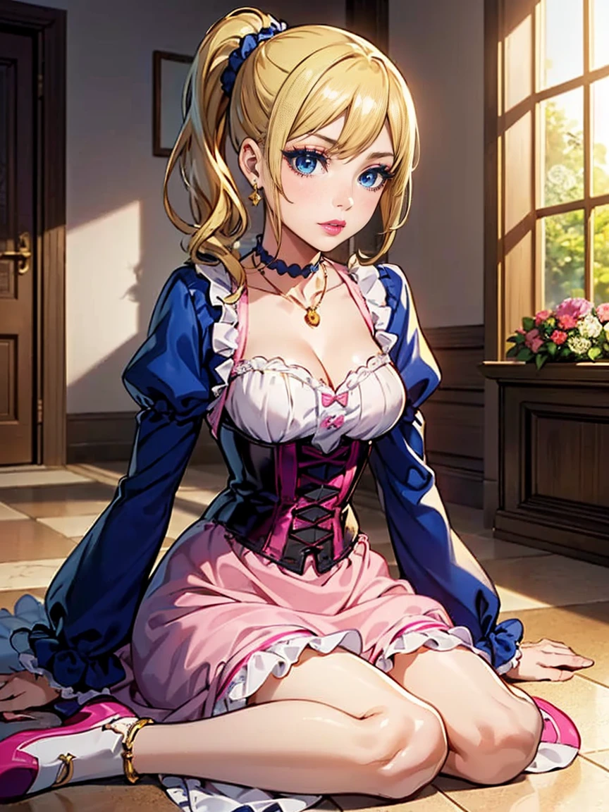 ((1girl, solo, alone, ai hayasaka, bangs, blue eyes, blonde hair, hair ornament, sidelocks, side ponytail, scrunchie, hair scrunchie, blue scrunchie)), ((solo, (1woman, pink lipstick), Extremely detailed, ambient soft lighting, 4k, perfect eyes, a perfect face, perfect lighting, a 1girl)), austere, ((anime, dress, flowered floor, garden, flowers, sitting on the floor, (princess dress, ruffled dress, puffy dress, Victorian dress), gold necklace, fine jewelry, vintage earrings, choker, sapphire bracelets,  in dress corset, cute anime waifu in a nice dress, cushart krenz key art feminine, official artwork, wearing an flower suit, princess, alchemist girl, kawacy))