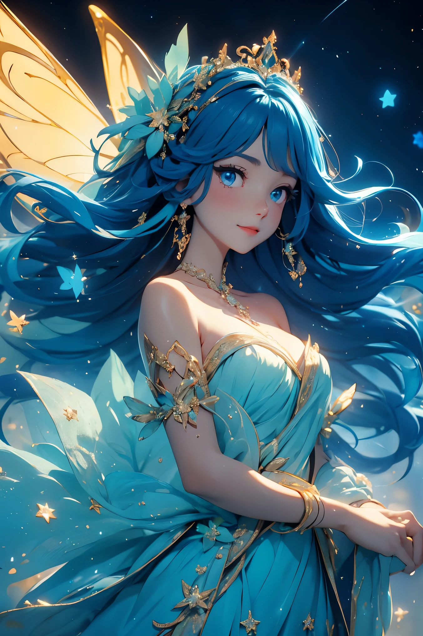 Masterpiece, high-quality, 8K,Cute fairy, (blue big and bright eyes, with tiny starlight shining in their eyes), (delicate face, smile), (slender figure, transparent wings), (golden smooth long hair, decorated with small stars), (dreamy lake blue bright dress, fluffy lace skirt hanging to the ground), (thin ribbons wrapped around the waist), (star shaped earrings, necklaces or bracelets), (wearing a gemstone hairpin on the head), (a pair of exquisite patterned magic flying shoes), dust magic, (background with flowers blooming, grass turning green, beautiful night sky) Movie grade lighting effects, rendering, top-notch texture, (game style) , 1girl, horror (theme)