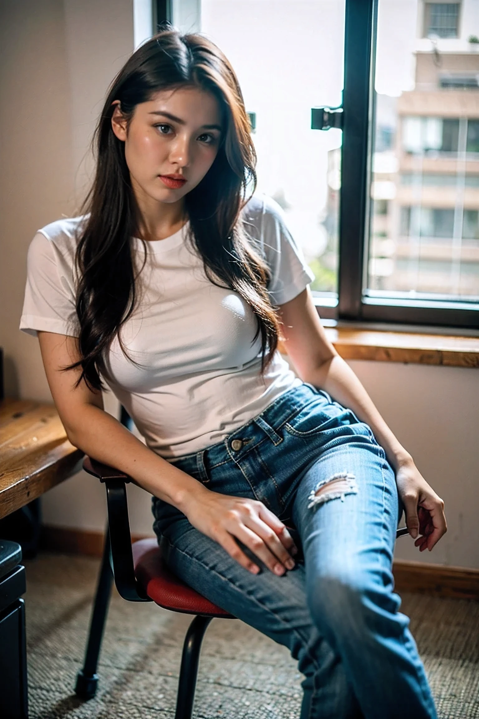 photographie réaliste, femme cheveux longs , T-shirt, jeans, bureau