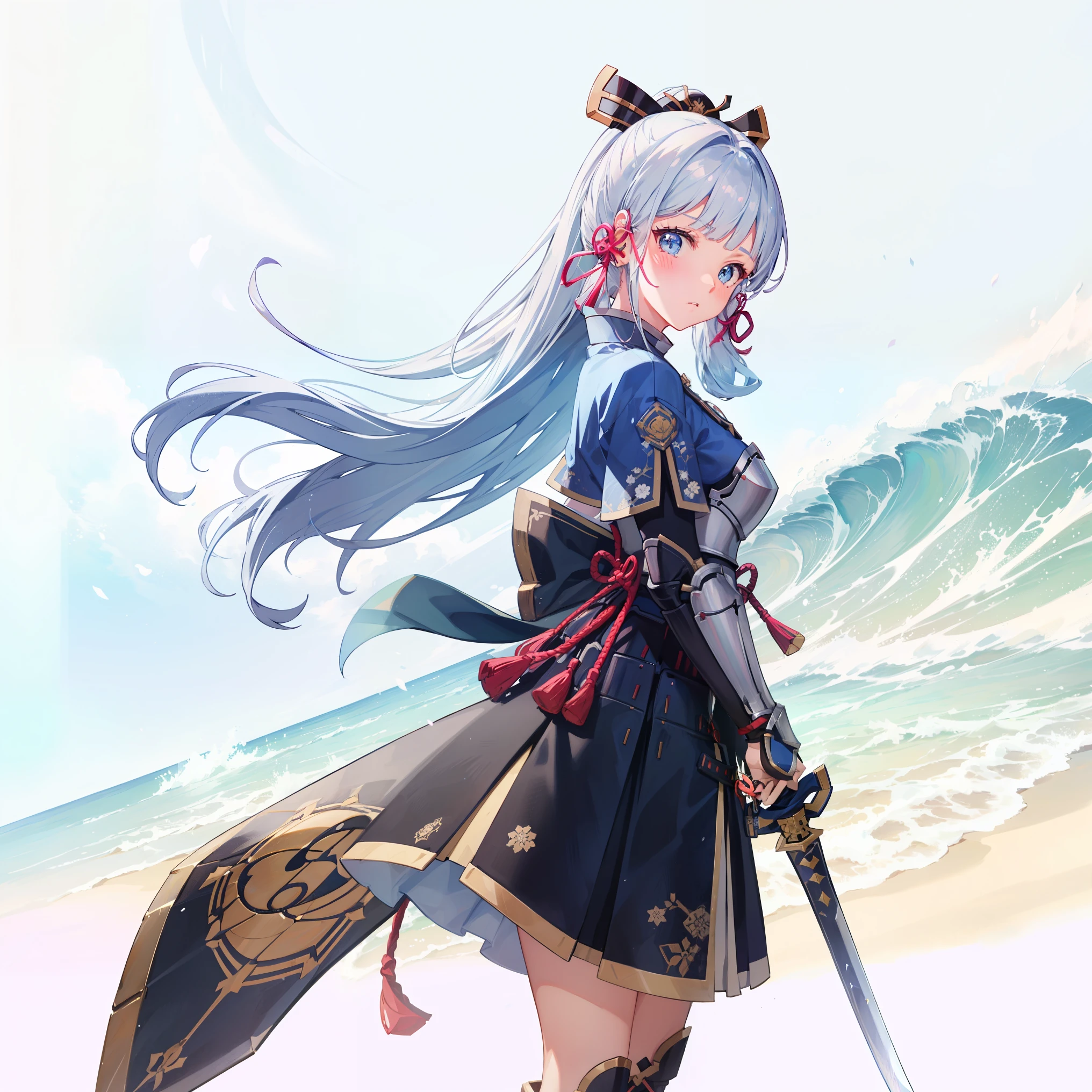 look at viewer, 1 girl,  best quality, blue hair, blue eyes, Japanese-style armor, sword in hand, Electrical, kamisato ayaka, whole body, blush, serious face、Super detailed、High level image quality、High resolution、Depth of the bounds written,white background,A sword as big as your body