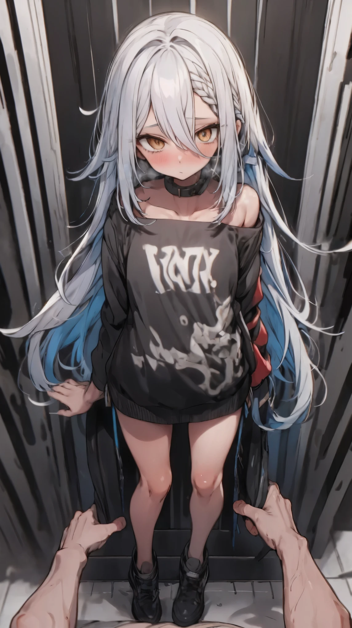 A woman with long white hair and a black shirt is standing on a chair -  SeaArt AI