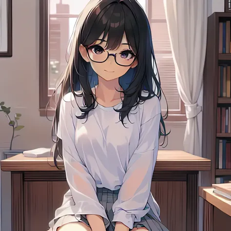 Anime girl sitting on a desk with a laptop in front of her, anime moe art style, digital anime illustration, cute girl anime visual, cute realistic portrait, anime style 4 k, Her slightly otaku-like smile is cute, Smooth anime CG art, anime style. 8k, digi...