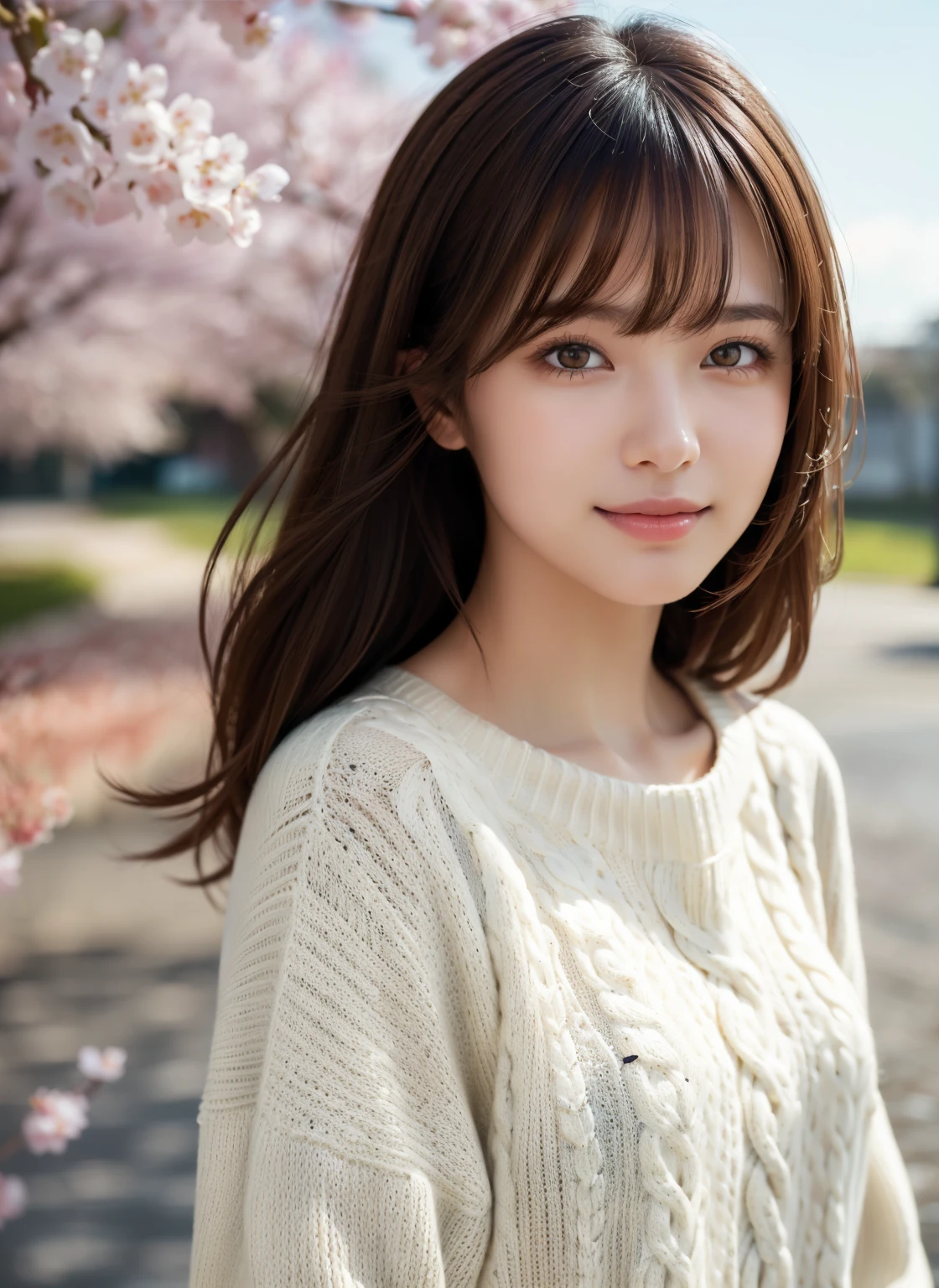 1 girl,(ivory sweater:1.4),, (RAW photo, highest quality), (realistic, Photoreal:1.4), table top, very delicate and beautiful, very detailed, 8k wallpaper, wonderful, finely, very detailed CG Unity, High resolution, soft light, Beautiful detailed 19 year old girl, very detailed目と顔, beautifully detailed nose, finelyて美しい目,cinematic lighting,standing on a row of cherry blossom trees,perfect anatomy,slender body,smile  (asymmetrical bangs, light brown hair,)