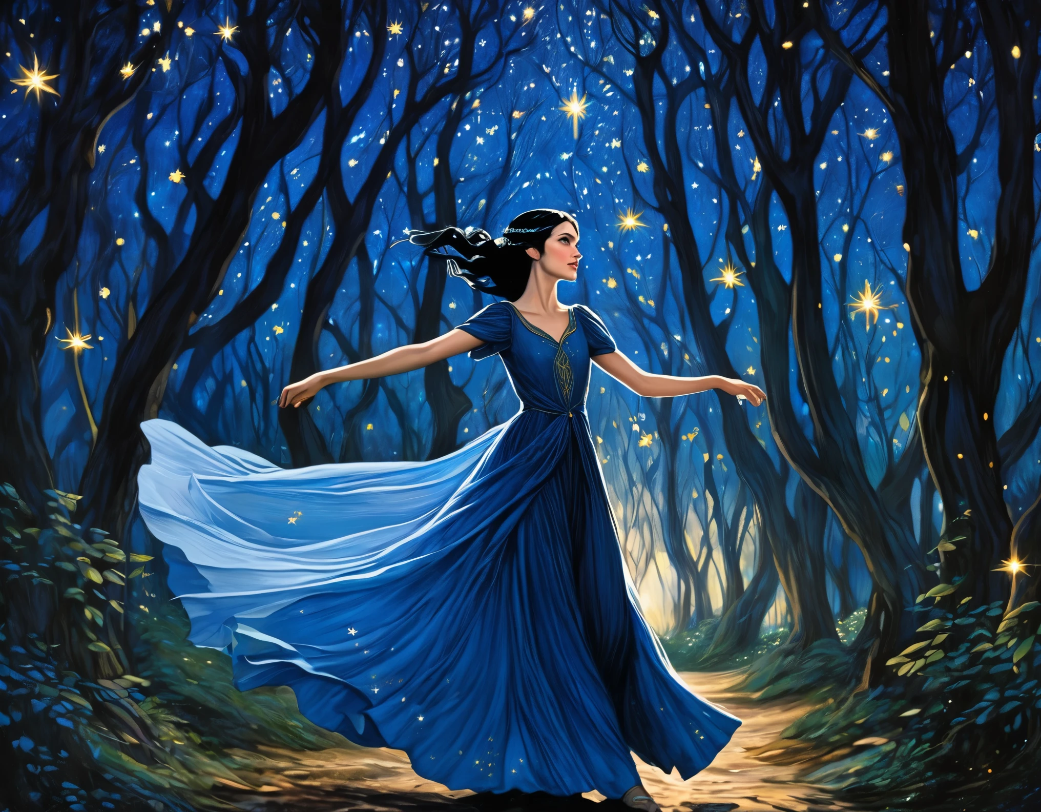 woman dancing in the middle of the forest, tall, slender, black hair, blue eyes, elf ears, blue dress, elegant, starry night, lord of the rings, luthien tinuviel as reference