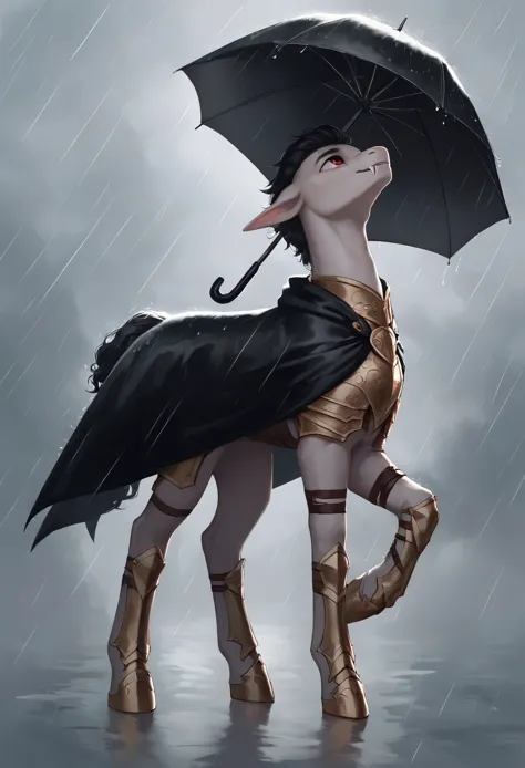 score_9, score_8_up, score_7_up, feral, pony, solo-focus, male, adult, (straight ear), "pointed ears", smile, mlem, boy pony with umbrella in the rain, "boy white body and black curly short hair, fangs, makeup, elf ears, red eyes", dark detailed armor, bla...
