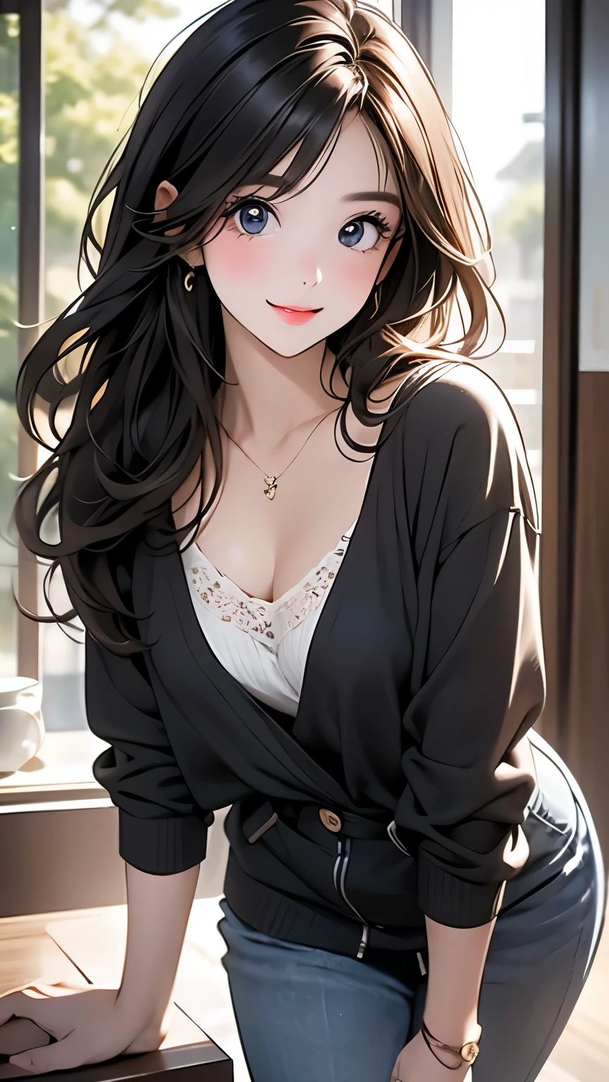 pieces fly、highest quality、figure、Super detailed、small details、High resolution、8K Dende Wallpaper、Perfect dynamic composition、detailed and beautiful eyes、winter casual wear、medium hair、small breasts、Natural color lip、bold sexy pose、shy smile、harajuku style、20 year old girl、cute type、sexy shot looking at camera、