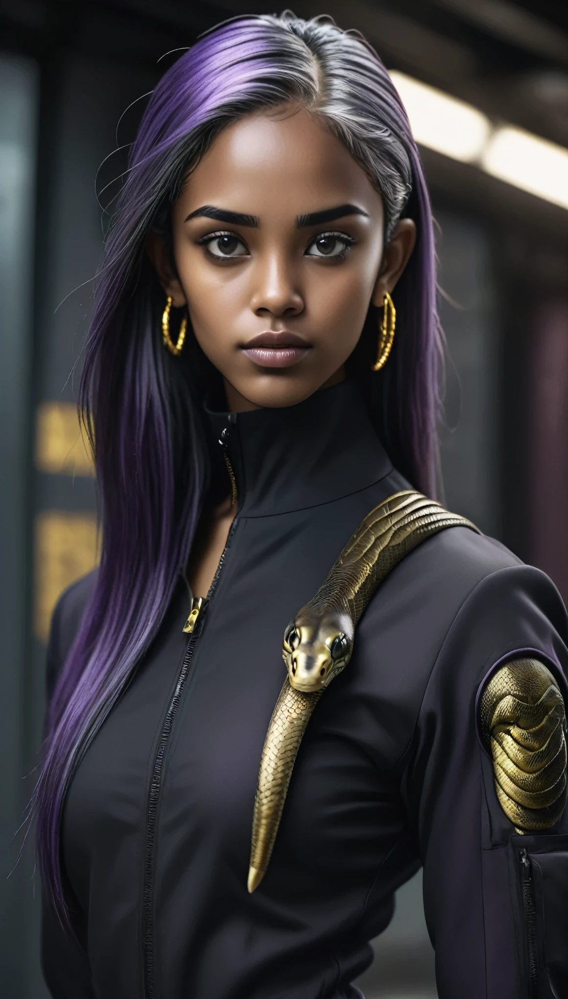 Girl with a strand of straight gray hair., dark skin, Latin origin, purple irises, in a black tactical suit with gold threads and gold earrings in the shape of snakes.. detailed eyes, detailed face, sophisticated outfits in grunge style, cinematic lighting, realistic concept art with strong backlighting.