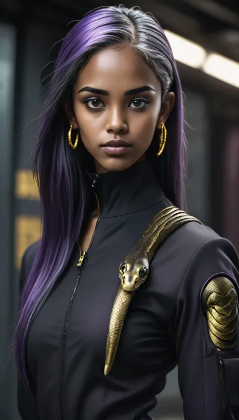 Girl with a strand of straight gray hair., dark skin, Latin origin, purple irises, in a black tactical suit with gold threads an...