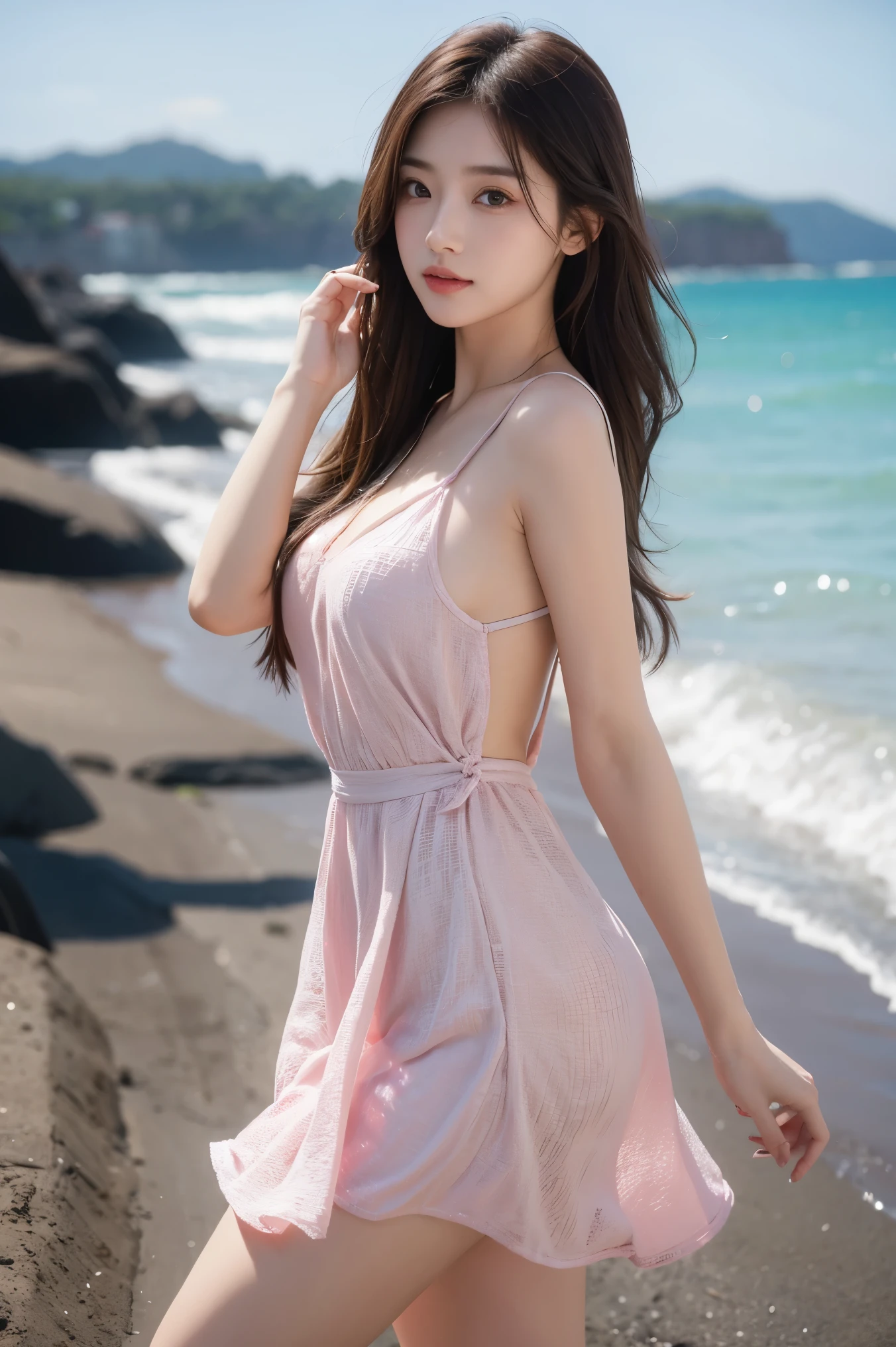 masterpiece, high resolution, best quality, Very detailed, pink eyes, beautiful woman, purple dress，beach，long hair