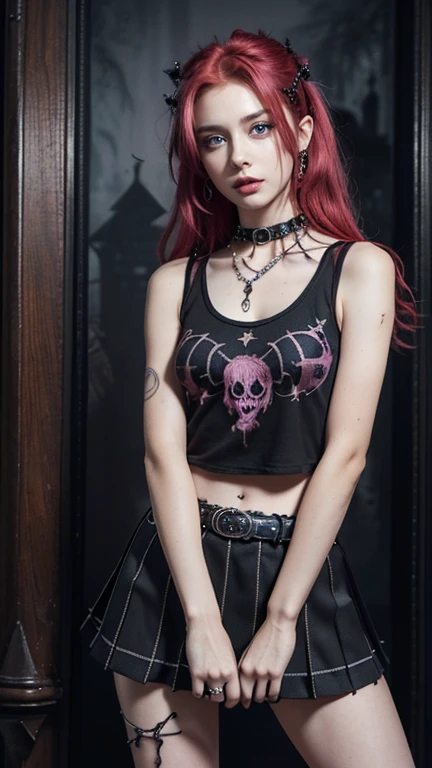(Ultra-detailed eyes), (((textile shading))), (((Best Quality))), (((masutepiece))), (((Ultra-detailed CG))), sassy girl, (((magical ))), (), (tiny chest), red hair, red hair, red hair, red hair, Spooky Season In Punk hairstyle, ((messy hair,  gorgeous hair)), Pink eyes, (((Spooky Season In Punk Outfits))), ((spooky punk a pose)), (((Game CG)) (gorgeous, sassy, it girl), fancy jewelry, haunted house, dark day, strong Spooky Season In Punk atmosphere, strong haunted house atmosphere, cowboy shot, midshot, centered image, eye on camera, heart panel baby tee, black pleated mini skirt, pastel color