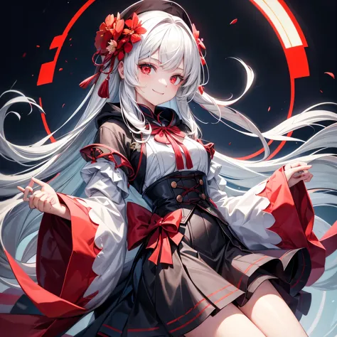 masterpiece, best quality, 1 girl, alone, long_hair, watching_exist_audience, white hair, red eyes, Smile, Bangs, skirt, shirt, ...