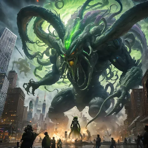 A dynamic and intense scene of a massive space war, with a colossal alien monster looming over New York City. The alien, with te...