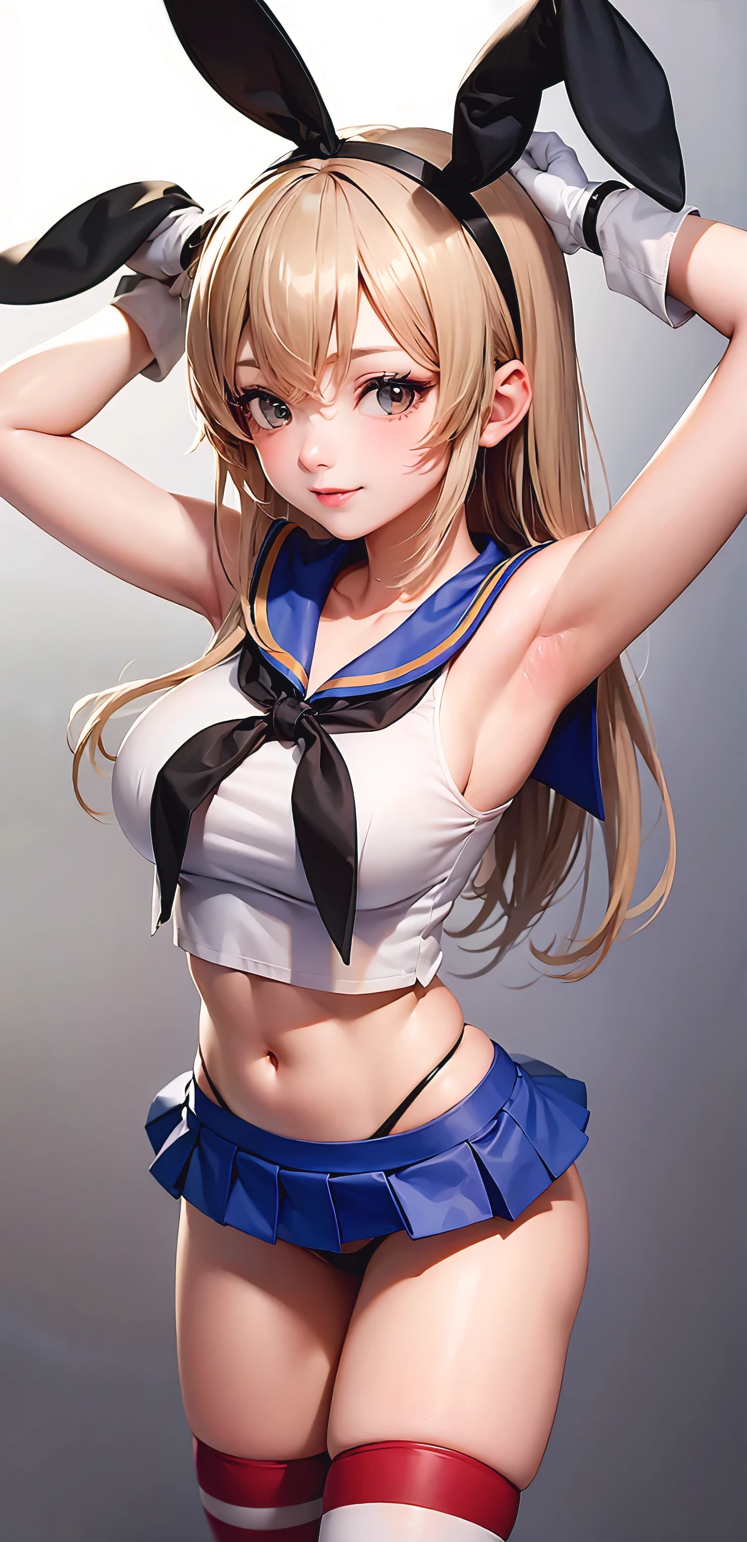 (masterpiece, best quality:1.2),illustration,8k,hd,1girl,solo,upper body,(portrait:1.2),long_hair,blonde_hair,elbow_gloves,underwear,striped_thighhighs,white_gloves,smile,navel,yellow eyes,highleg_panties,black_panties,anchor_hair_ornament,highleg,blush,school_uniform,crop_top,sailor_collar,hairband,hair_ornament,serafuku,miniskirt,pleated_skirt,blue_skirt,sleeveless,bare_shoulders,hair_between_eyes,grey_footwear,microskirt,midriff,neckerchief,collarbone,smug, small waist, slim waist, fit body, fit legs, toned legs, toned arms, fit arms, fit midriff, toned midriff, large breasts, huge breasts, giant breasts, muscular midrif, muscular arms, black panties, sixpack, cleavage