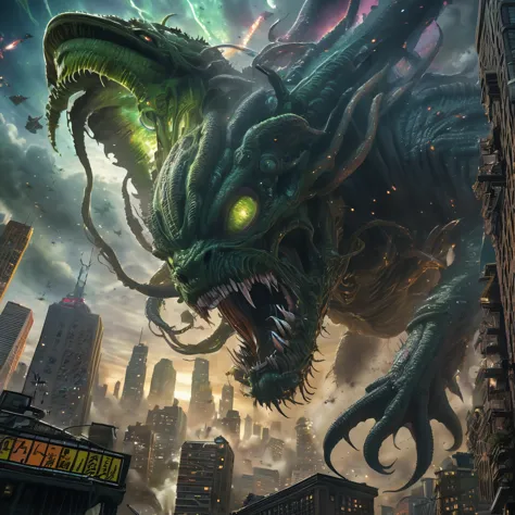 A jaw-dropping illustration of an epic space battle, with a massive alien monster looming ominously over New York City. The crea...