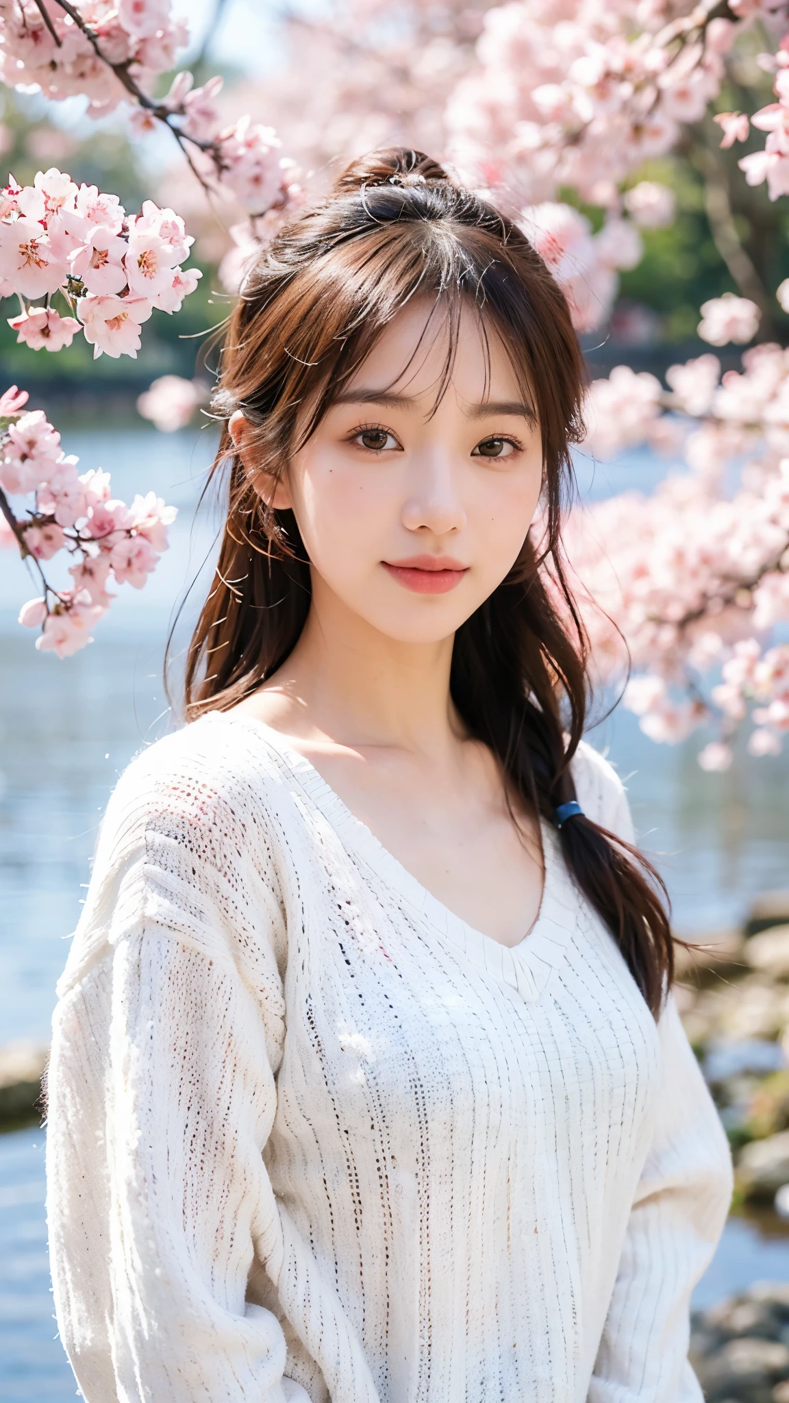 white striped wool sweater, (Beautiful cherry blossom background by the lake,Cherry blossoms in full bloom),one girl alone, (8k, RAW photo, highest quality, masterpiece:1.3), (realistic, photo-realistic:1.37), realistic skin texture, (photo-realistic:1.3), (hyper-realistic:1.2),Gentle smile,Cool posing,25 years old