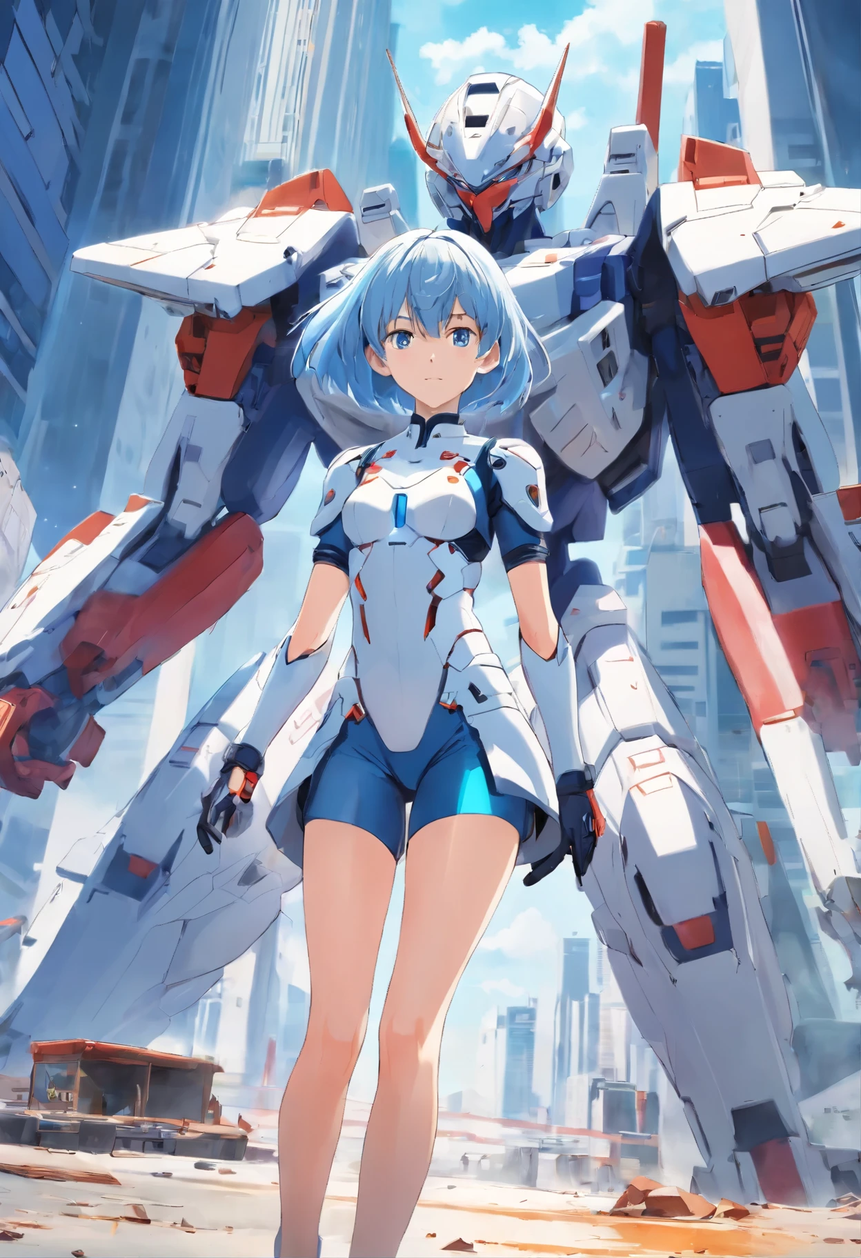 Anime girl standing in front of a giant robot in a city - SeaArt AI