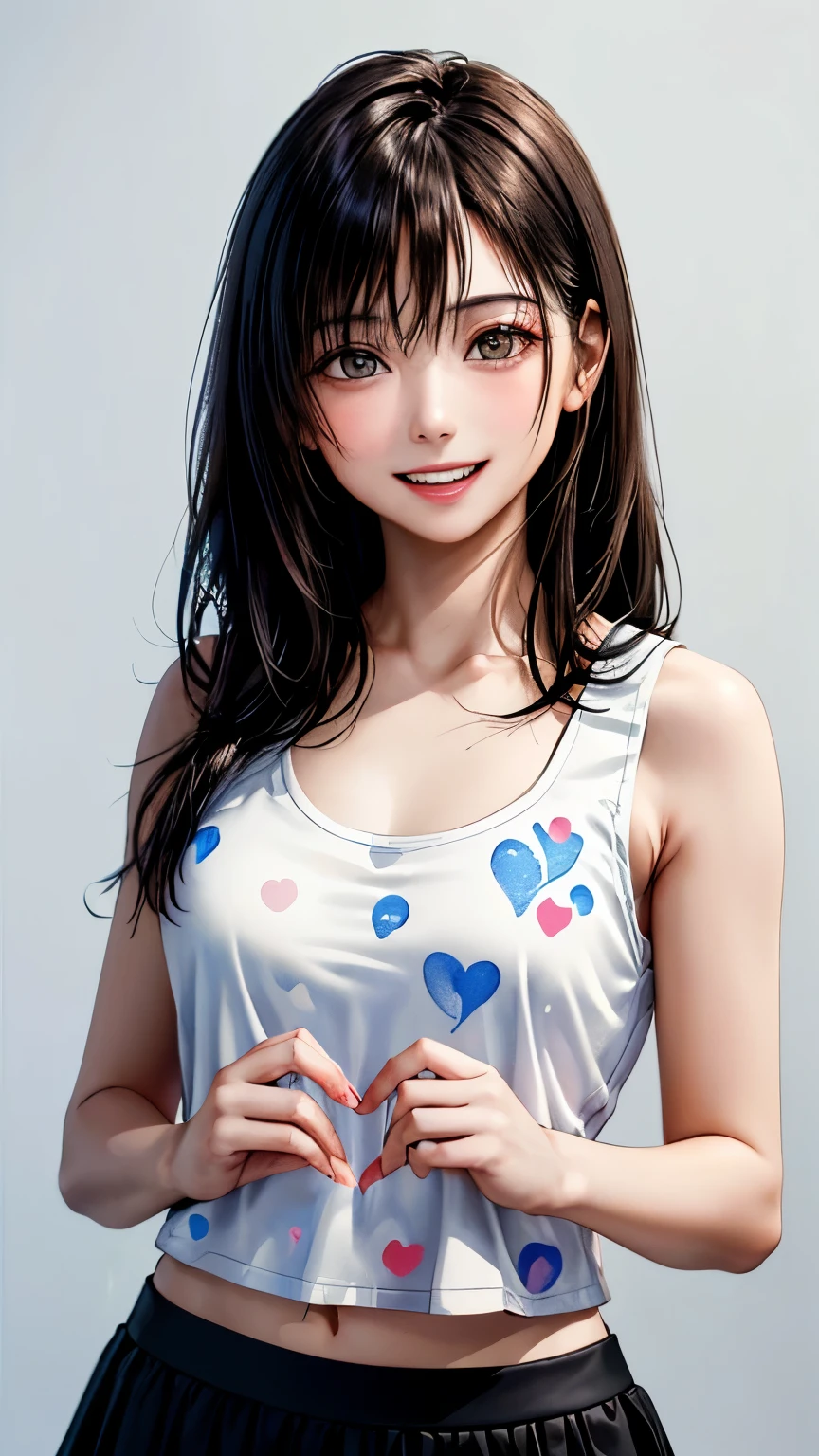 (highest quality、8k、32K、masterpiece)、(realistic)、(Photoreal:1.2)、(High resolution)、Super detailed、very beautiful face and eyes、1 girl、round and small face、thin waist、delicate body、(close、highest quality、high detail、rich skin details)、(highest quality、8k、oil paint:1.2)、Super detailed、(realistic、realistic:1.37)、bright colors、(((brown hair)))、(((bust shot)))、(((long hair)))、(((pure white wall background)))、(((pure white wall background)))、(((She has a happy expression)))、(((I&#39;laughing)))、(((Wearing a black tank top)))、(((A heart-print tank top)))、(((look straight ahead)))、(((black hair)))、(((It is black hair)))、(((the skirt is short)))、(((teeth visible)))、(((Hands are above the head)))、