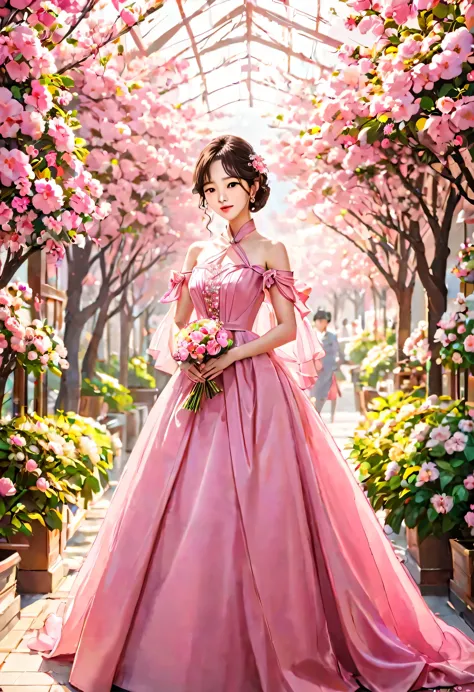 a woman in a pink dress holding a bouquet of flowers, female actress from korea, kim hyun joo, shin min jeong, beautiful south k...