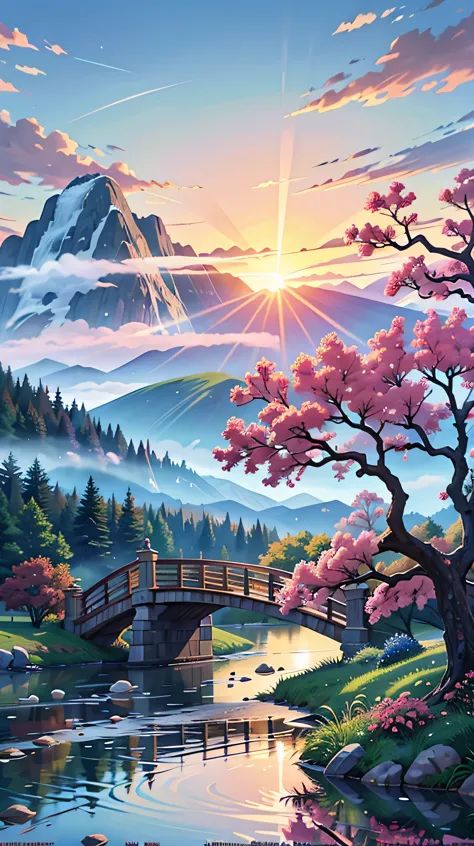 a painting of a bridge over a river with a mountain in the background, scenery artwork, anime art wallpaper 4 k, anime art wallp...