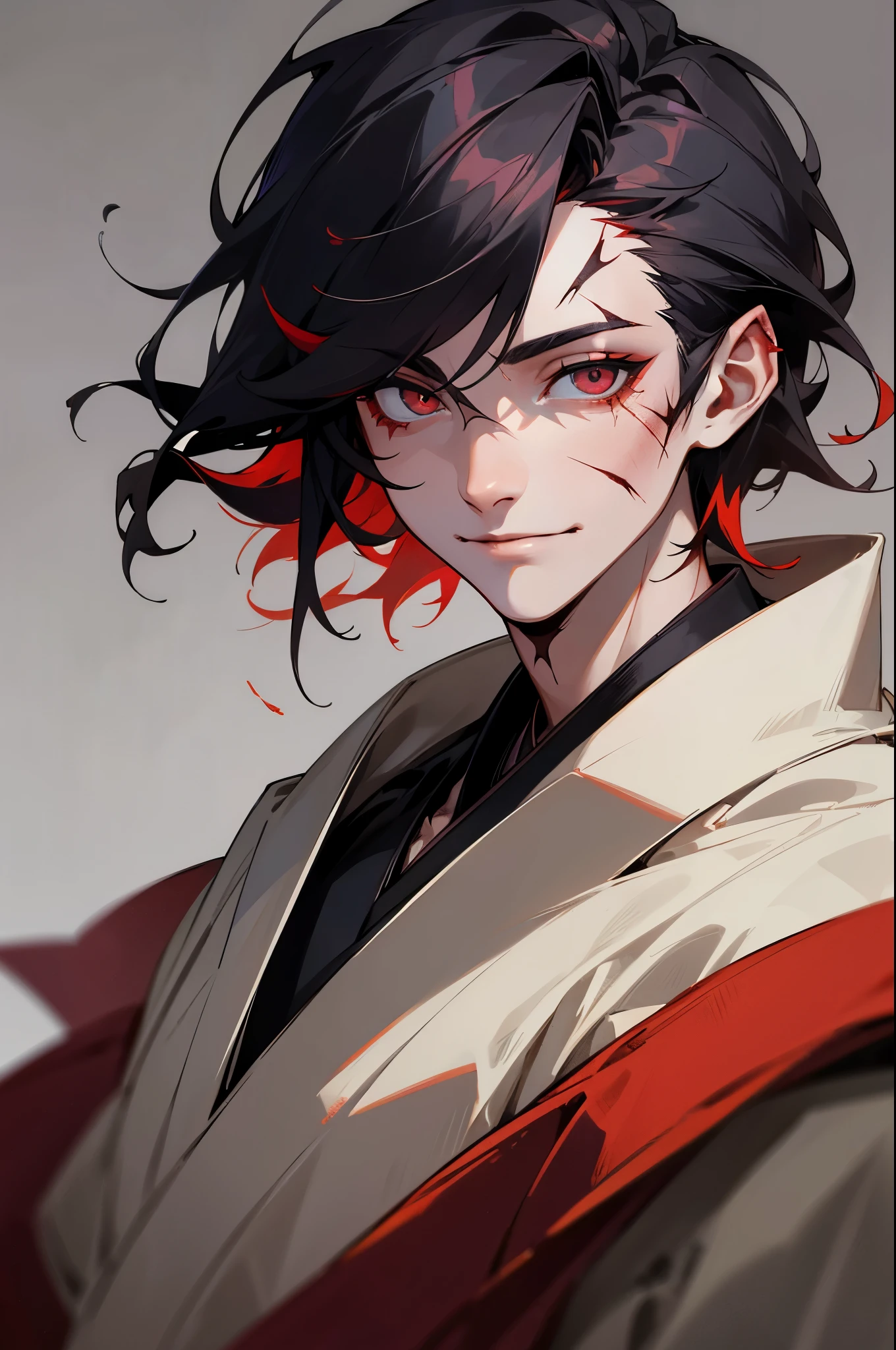 tmasterpiece, beste-Qualit, solo, 1boy, Vermilion hair, (scar on face:1.3), dark kimono, upper-body, portraite of a, bloods, ssmile, white detailed eyes, black detailed hair
