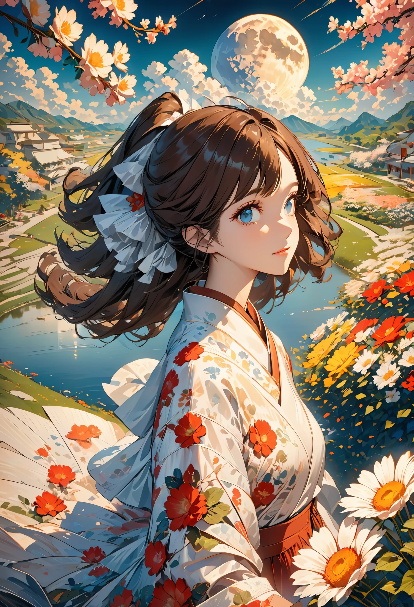 (masterpiece),(best quality), illustration, (fantasy:1.4), long brown hair, long eyelashes, solid round eyes, faint smile, Surrealism, shadow, relief, Stereo view, atmospheric perspective, 8k, Ultra-detailed, precise, best quality, ultra high definition, textured skin, long skirt, a moon, flowers , Paper_cut