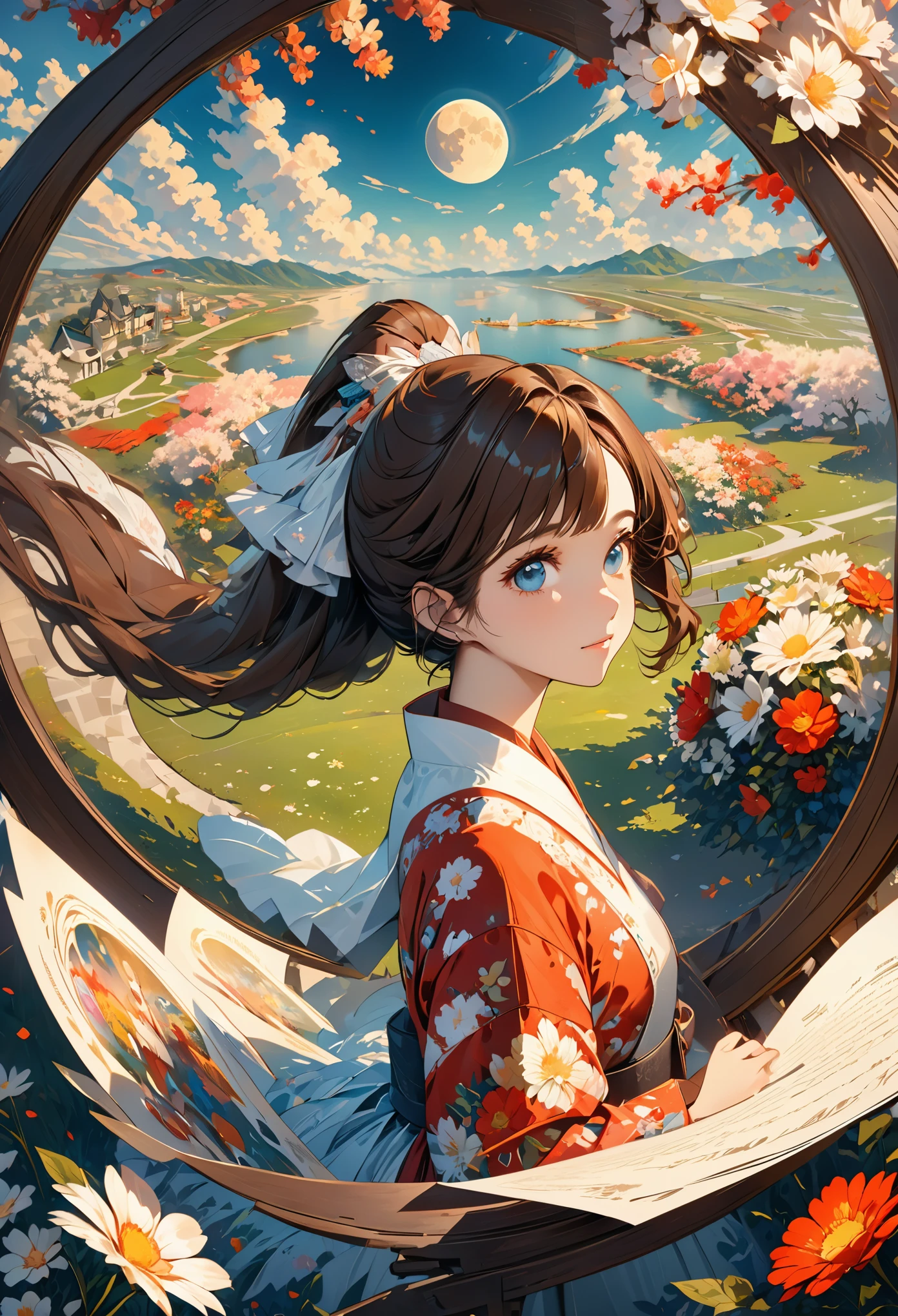 (masterpiece),(best quality), illustration, (fantasy:1.4), long brown hair, long eyelashes, solid round eyes, faint smile, Surrealism, shadow, relief, Stereo view, atmospheric perspective, 8k, Ultra-detailed, precise, best quality, ultra high definition, textured skin, long skirt, a moon, flowers , Paper_cut