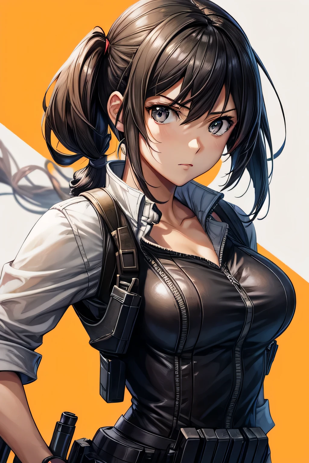 Una mujer con una pistola en la mano y una blusa negra., Estilo de la colección Kantai, Makoto Shinkai ( leyendas del ápice ), protagonista femenina 👀 :8, from chicas de primera linea, makoto shinka, makoto, estilo anime 4K, Retrato de Tifa Lockhart, finos detalles. chicas de primera linea, inspirado en Li Shida, Estilo de arte Anime Moe