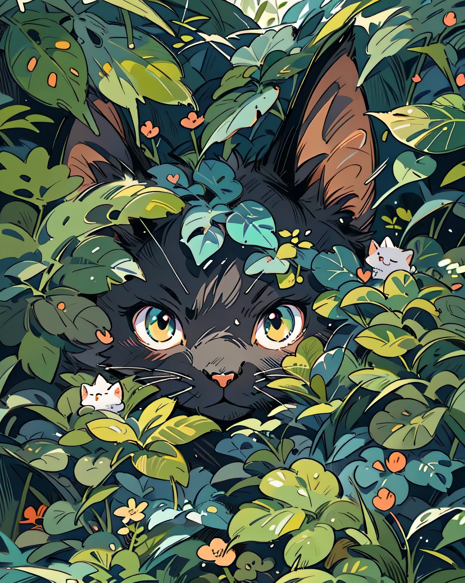 a black cat hiding in the leaves of a bush, cute detailed digital art, cute detailed artwork, anime visual of a cute cat, cat in the forest, anime cat, cats and plants, by Ryan Yee, adorable digital painting, amongst foliage, by Yang J, detailed anime art, clean detailed anime art, detailed digital anime art, detailed anime artwork