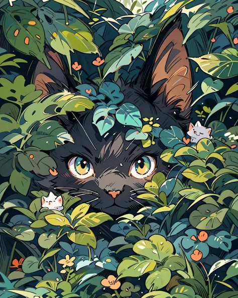 a black cat hiding in the leaves of a bush, cute detailed digital art, cute detailed artwork, anime visual of a cute cat, cat in...