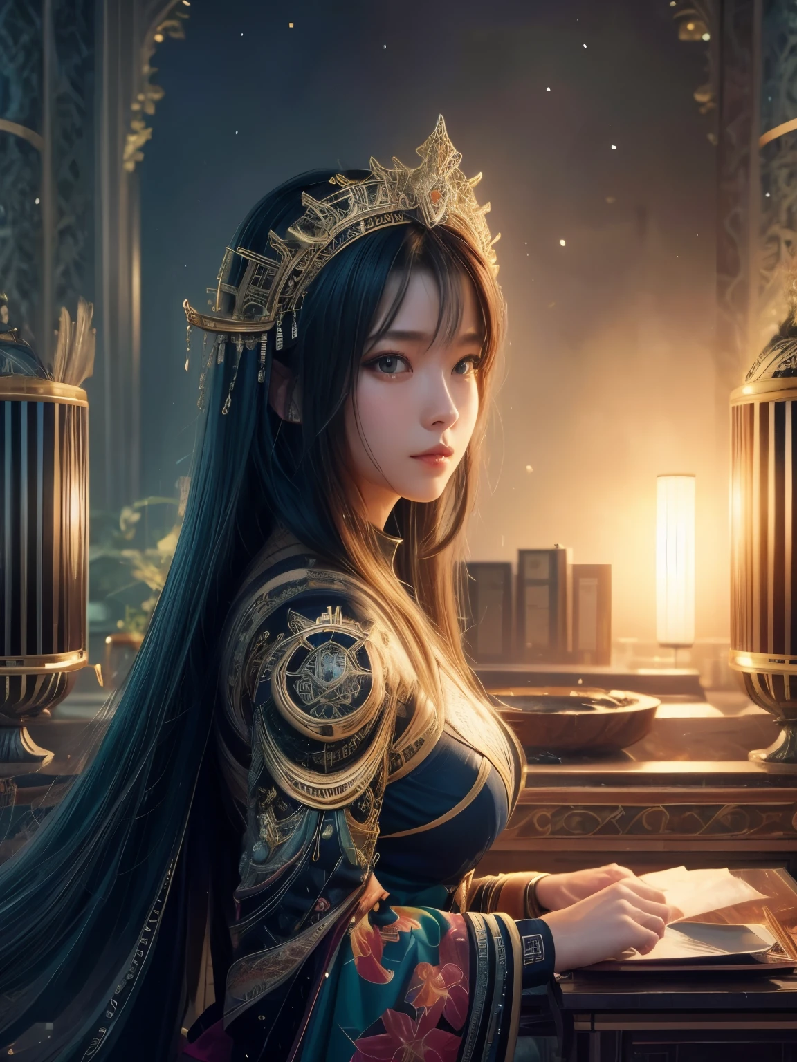 (high quality), (masterpiece), (detailed), 8K, Hyper-realistic portrayal of a futuristic (1girl1.2), Japanese character. Meticulous details bring the character to life in this visually stunning composition, showcasing the seamless blend of tradition and innovation. Trending on Artstation.