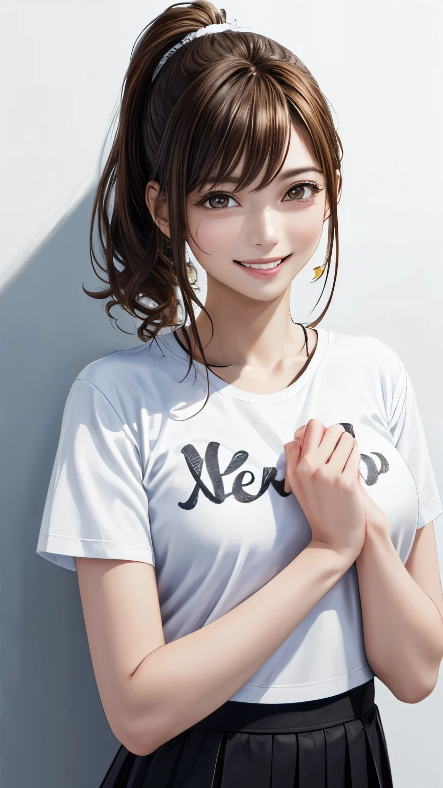 (highest quality、8k、32K、masterpiece)、(realistic)、(Photoreal:1.2)、(High resolution)、Super detailed、very beautiful face and eyes、1 girl、round and small face、thin waist、delicate body、(close、highest quality、high detail、rich skin details)、(highest quality、8k、oil paint:1.2)、Super detailed、(realistic、realistic:1.37)、bright colors、(((flaxen hair)))、(((bust shot)))、(((medium hair)))、(((side ponytail hair)))、(((pure white wall background)))、(((pure white wall background)))、(((She has a happy expression)))、(((I&#39;m smiling)))、(((wearing a black T-shirt)))、(((This is a T-shirt with the universe drawn on the chest.)))、(((look straight ahead)))、(((I have brown hair)))、(((the skirt is short)))、(((teeth visible)))、(((Hands are above the head)))、