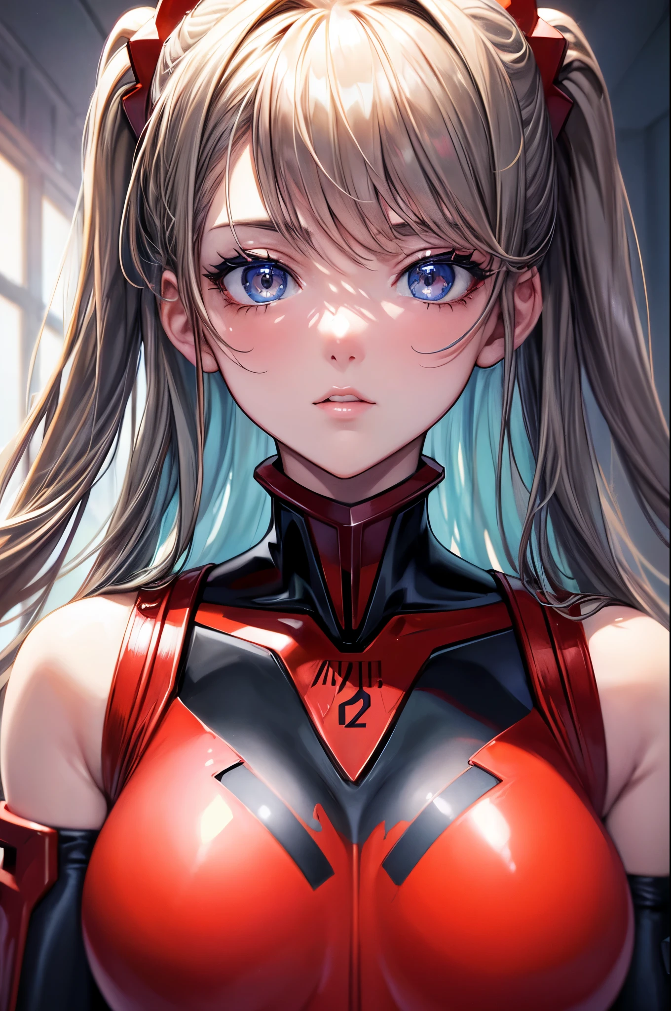 (highest quality, High resolution:1.2), 1 girl, detailed and beautiful eyes,EVA Asuka、Soryu Asuka Langley、dense and beautiful lips, highly detailed eyes and face, long eyelashes, Moderate:oil, Bright colors, HDR, studio lighting, Ultra-fine painting, sharp focus, Physically based rendering, extreme details, portrait, curved body, , perfect shape, Face-to-face audience, sweaty, nice, Half-body photo, displayed in full frame、plug suit