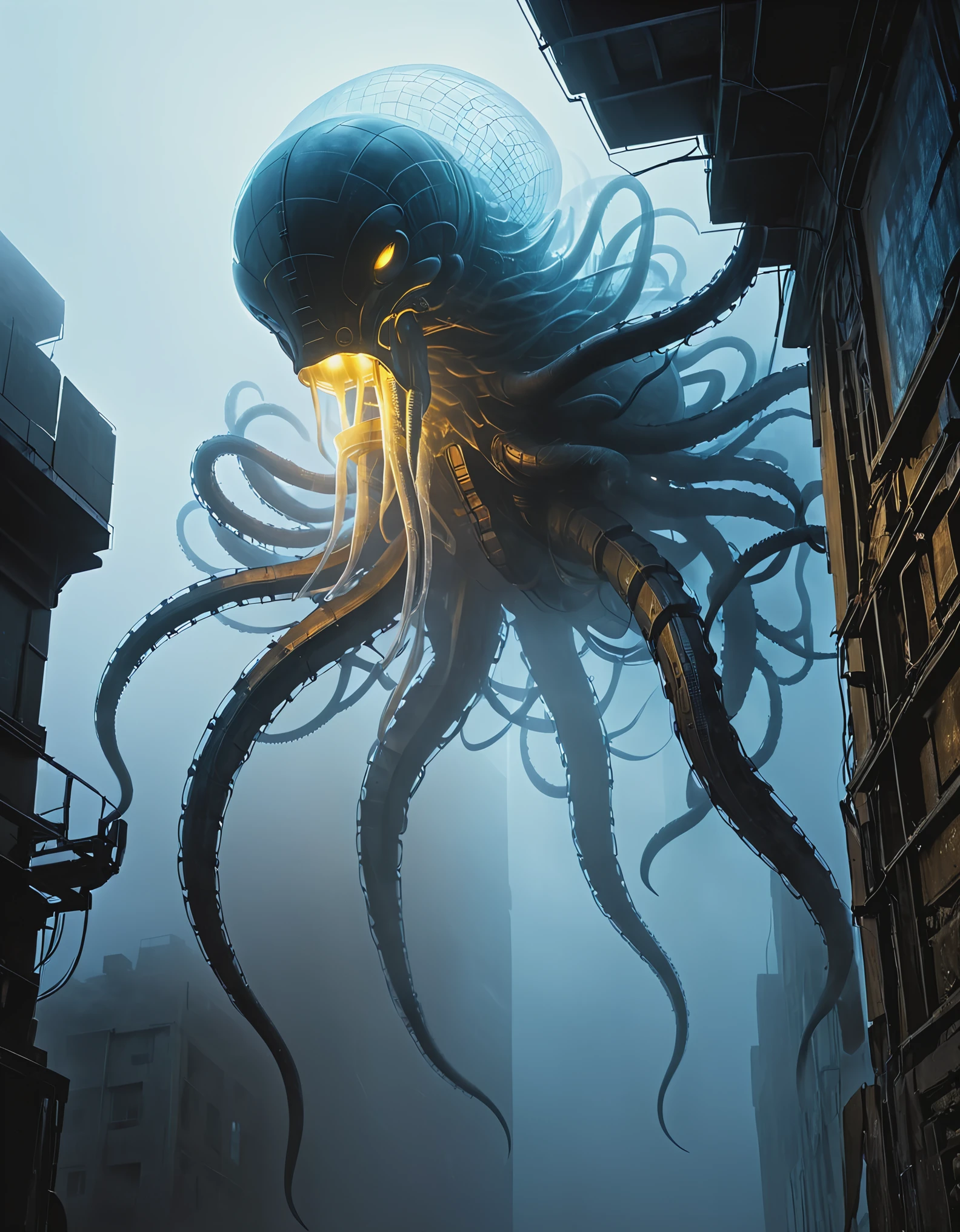 Looking up, (giant transparent mutated creature), this creature has short legs, a lot of dark mist, thick fog, night sky, biochemical mutated nucleus, Teratoid teratoid shape, Grotesque bizarre, Bioluminescence bioluminescent, Zdzistaw Beksinski, Webbed Feet webbed tentacles, Jerky twitching, Slithering winding crawling, Erratic irregular, Wrinkled wrinkled, Microbiology microbiology, There are several wired lighting fixtures in a semi transparent resin wave style, bryce 3D, with mural like composition, weathered materials, glowing sfumato, reflection, high detail, surreal 3D landscape style, complex mesh, lightbox, made of feathers, nyc explosion coverage, interesting character design, bokeh, dense fog,
From below, upside down, chiaroscuro, UHD, masterpiece, super detail, high details, high quality, award winning, best quality, highs, 16k,
