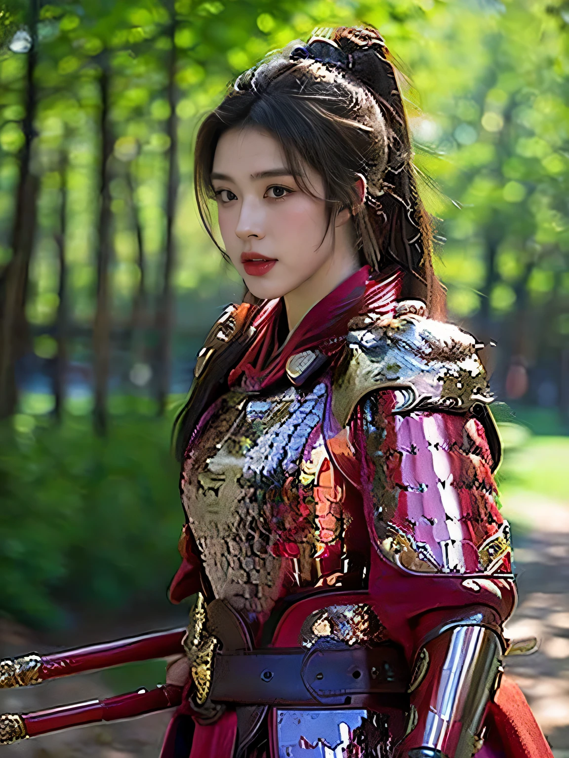 masterpiece，Best quality，HD quality，face close-up，（Detailed sculpting of eyes），Laugh，（corners of mouth raised），8K，Ancient battlefield background, ((field：1.8))，(Female generals on the battlefield in the Han Dynasty)，Lead the horse，18-year-old girl，（long ponytail hairstyle)，cparted lips，Full and erect breasts，Chinese architecture,red cloak，The combination of white metal and red leather，chest armor，（（Cool and gorgeouig breasts))，Chest groove，Three Kingdoms character painting style，Photo pose，oc render reflection texture，Head-up shot，bright afternoon，woodland background