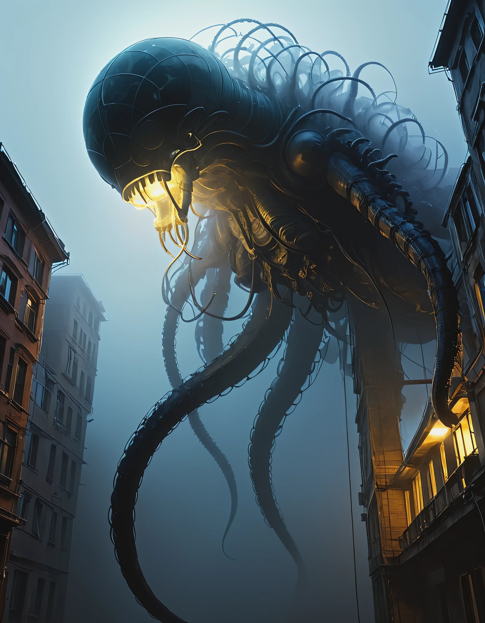 Looking up, (giant transparent mutated creature), this creature has short legs, a lot of dark mist, thick fog, night sky, biochemical mutated nucleus, Teratoid teratoid shape, Grotesque bizarre, Bioluminescence bioluminescent, Zdzistaw Beksinski, Webbed Feet webbed tentacles, Jerky twitching, Slithering winding crawling, Erratic irregular, Wrinkled wrinkled, Microbiology microbiology, There are several wired lighting fixtures in a semi transparent resin wave style, bryce 3D, with mural like composition, weathered materials, glowing sfumato, reflection, high detail, surreal 3D landscape style, complex mesh, lightbox, made of feathers, nyc explosion coverage, interesting character design, bokeh, dense fog,
From below, upside down, chiaroscuro, UHD, masterpiece, super detail, high details, high quality, award winning, best quality, highs, 16k,