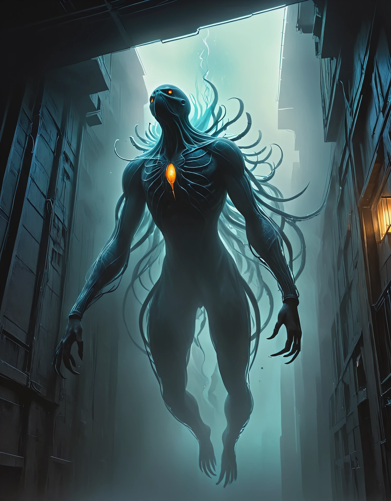 Looking up, (giant transparent mutated creature), this creature has short legs, a lot of dark mist, thick fog, night sky, biochemical mutated nucleus, Teratoid teratoid shape, Grotesque bizarre, Bioluminescence bioluminescent, Zdzistaw Beksinski, Webbed Feet webbed tentacles, Jerky twitching, Slithering winding crawling, Erratic irregular, Wrinkled wrinkled, Microbiology microbiology, There are several wired lighting fixtures in a semi transparent resin wave style, bryce 3D, with mural like composition, weathered materials, glowing sfumato, reflection, high detail, surreal 3D landscape style, complex mesh, lightbox, made of feathers, nyc explosion coverage, interesting character design, bokeh, dense fog,
From below, upside down, chiaroscuro, UHD, masterpiece, super detail, high details, high quality, award winning, best quality, highs, 16k,