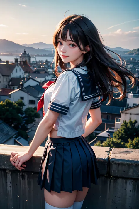 very cute and beautiful school girl viewing sea on hilltop,(highly detailed beautiful face),
(smile:1.2),cowboy shot,(sailor sch...